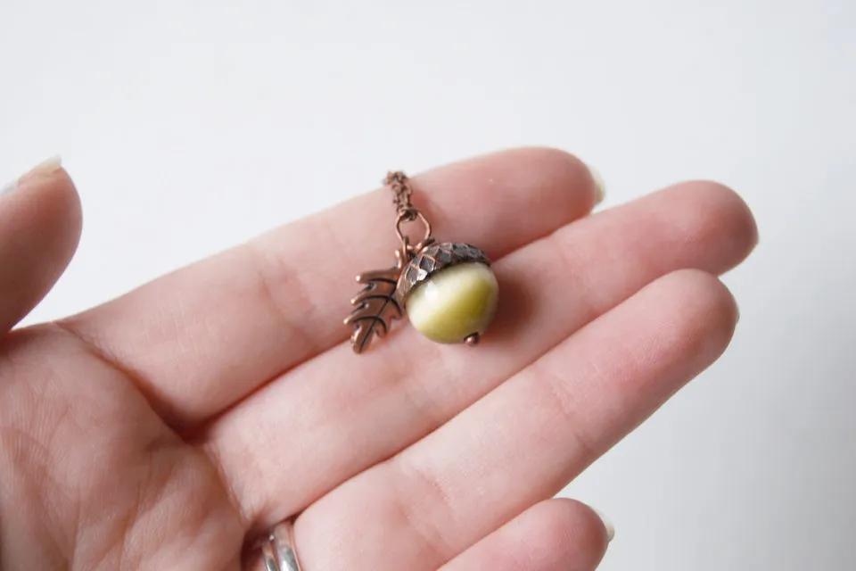 Saffron and Copper Acorn Necklace | Cute Nature Acorn Charm Necklace | Fall Acorn Necklace | Woodland Gemstone Acorn | Nature Jewelry