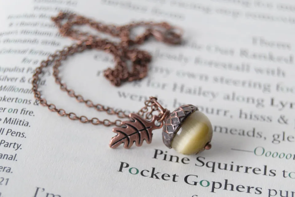 Saffron and Copper Acorn Necklace | Cute Nature Acorn Charm Necklace | Fall Acorn Necklace | Woodland Gemstone Acorn | Nature Jewelry