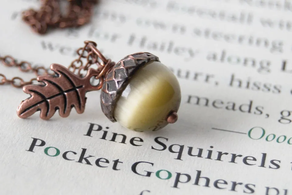 Saffron and Copper Acorn Necklace | Cute Nature Acorn Charm Necklace | Fall Acorn Necklace | Woodland Gemstone Acorn | Nature Jewelry