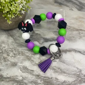 Silicone Bracelet Keychain - Halloween Green   Purple Bat