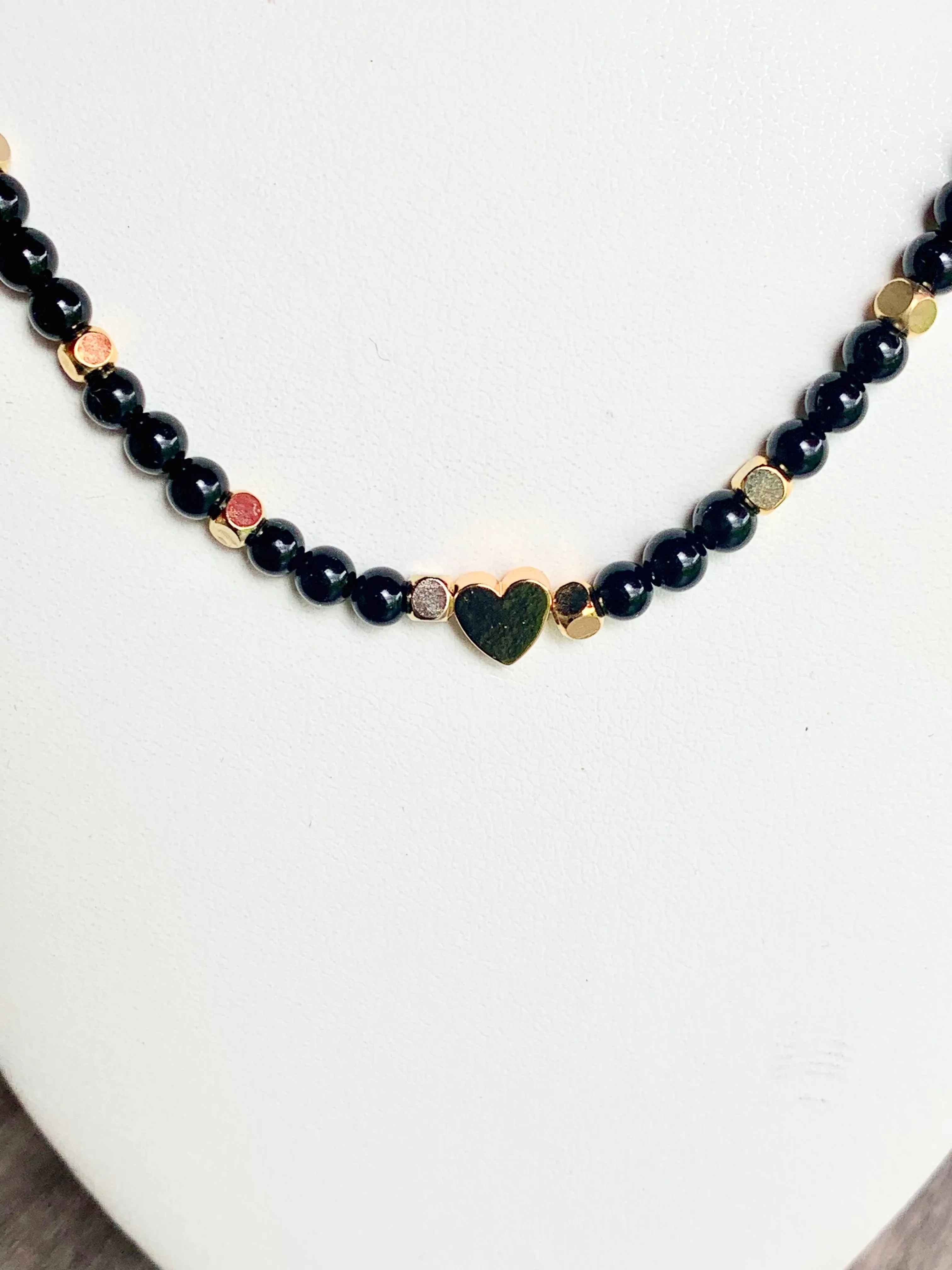 🔴SOLD🔴 Janice Handmade Black Tourmaline, Gold Plated Hematite Heart, and Brass Findings Necklace/ Choker