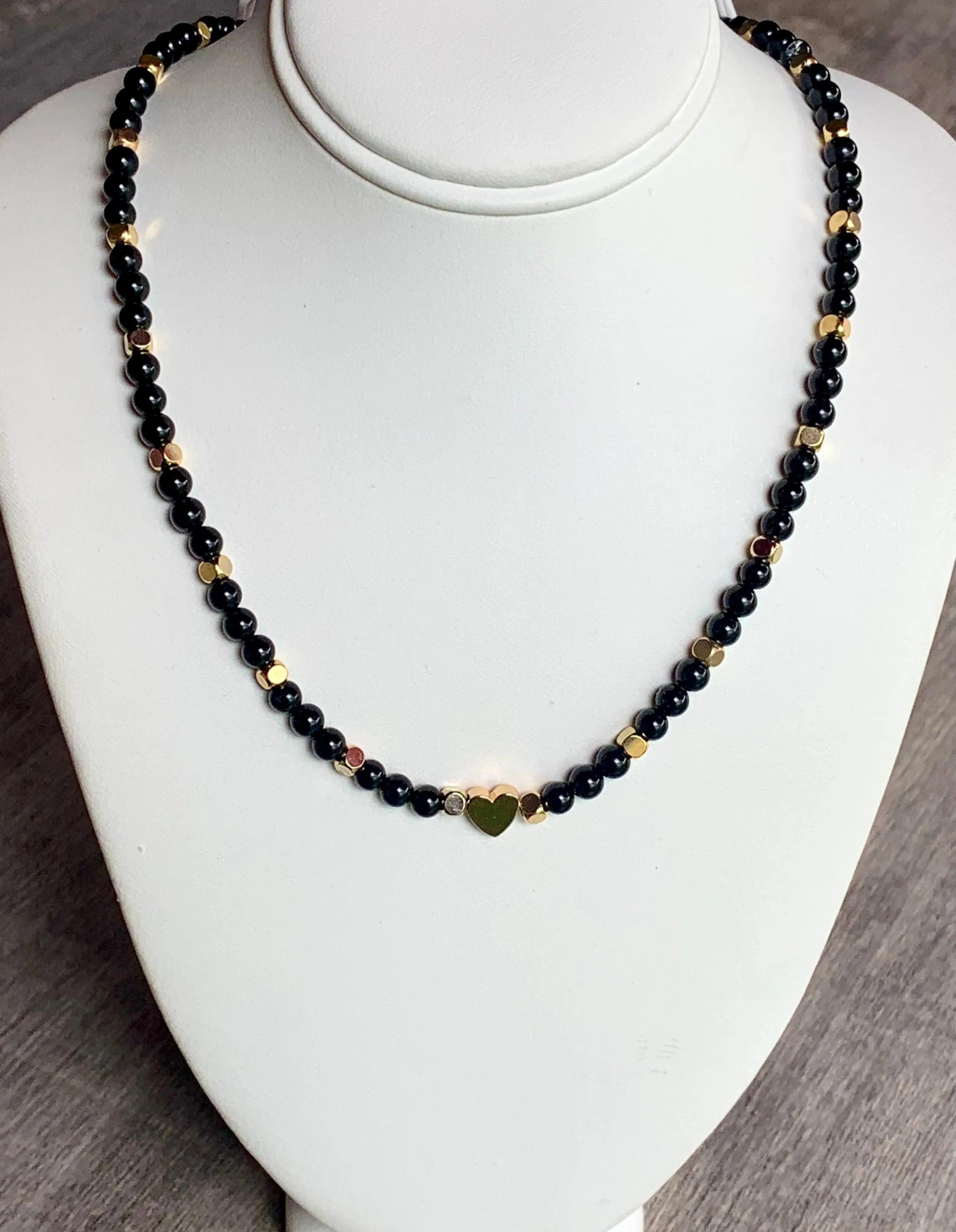 🔴SOLD🔴 Janice Handmade Black Tourmaline, Gold Plated Hematite Heart, and Brass Findings Necklace/ Choker