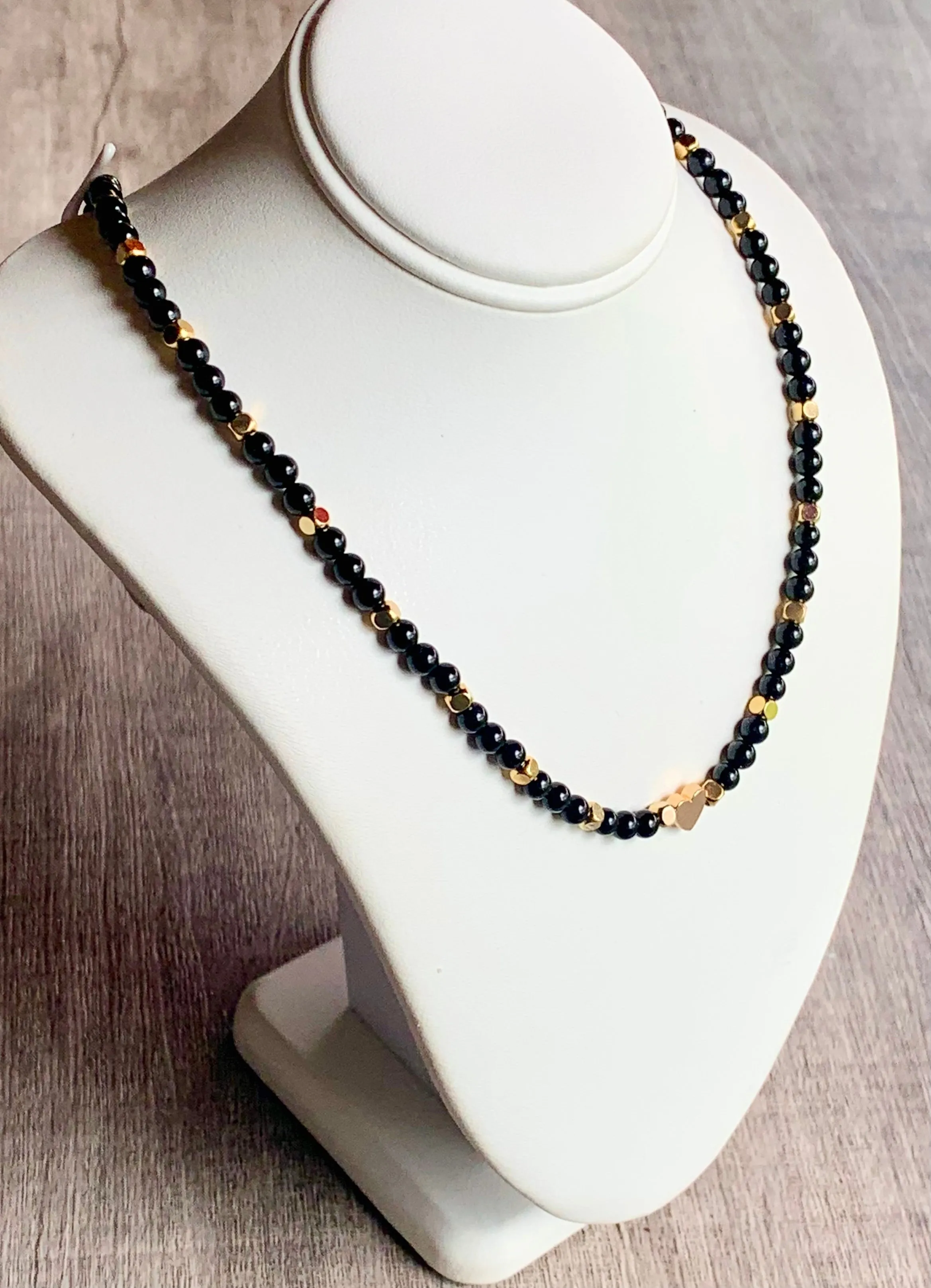 🔴SOLD🔴 Janice Handmade Black Tourmaline, Gold Plated Hematite Heart, and Brass Findings Necklace/ Choker