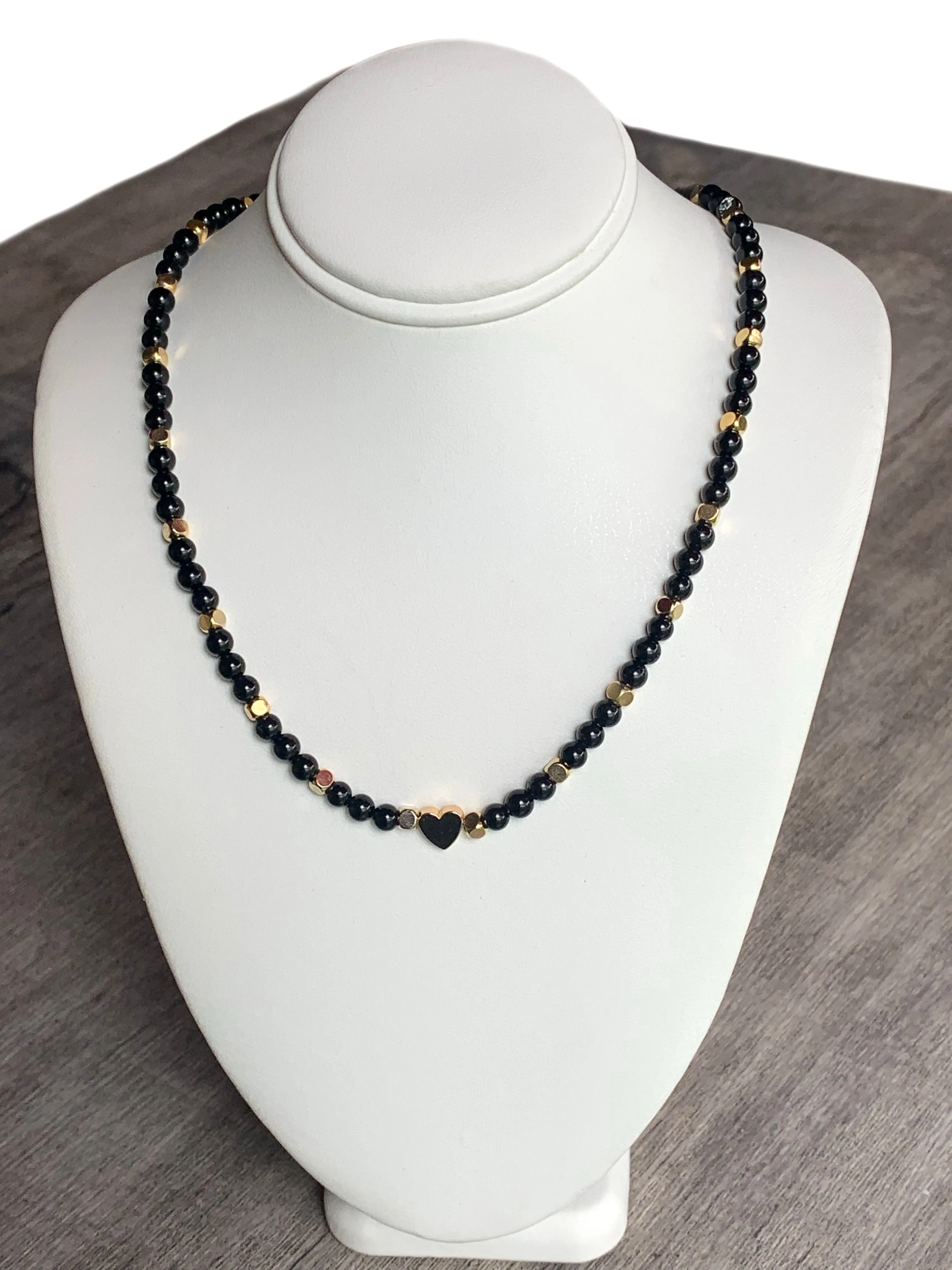 🔴SOLD🔴 Janice Handmade Black Tourmaline, Gold Plated Hematite Heart, and Brass Findings Necklace/ Choker