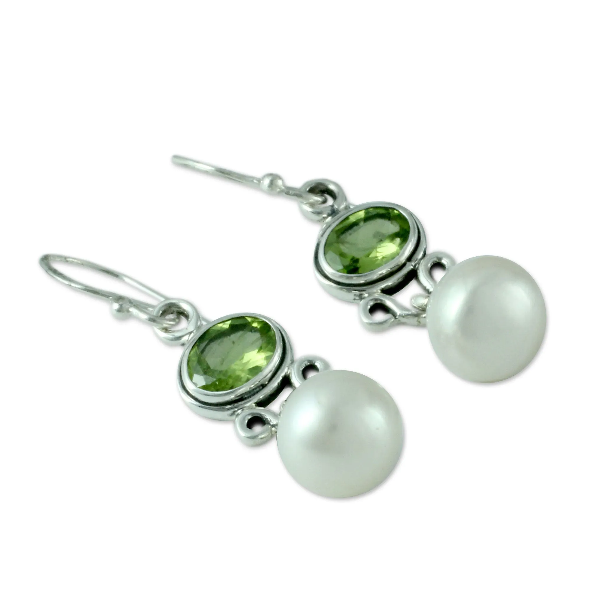 Sterling Silver Jewelry Pearl and Peridot Earrings - Verdant Light | NOVICA