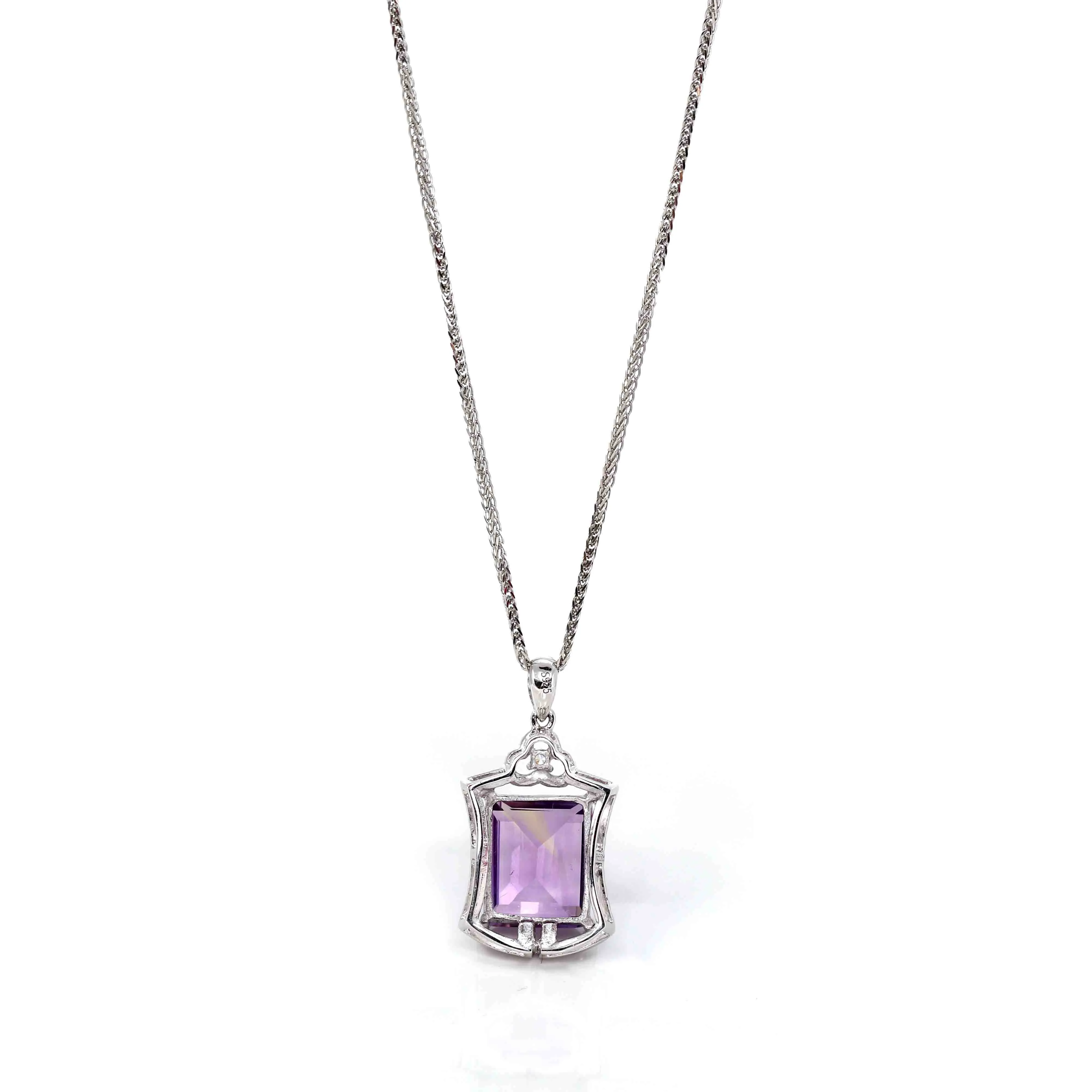 Sterling Silver Natural Amethyst Classic Pendant Necklace With CZ