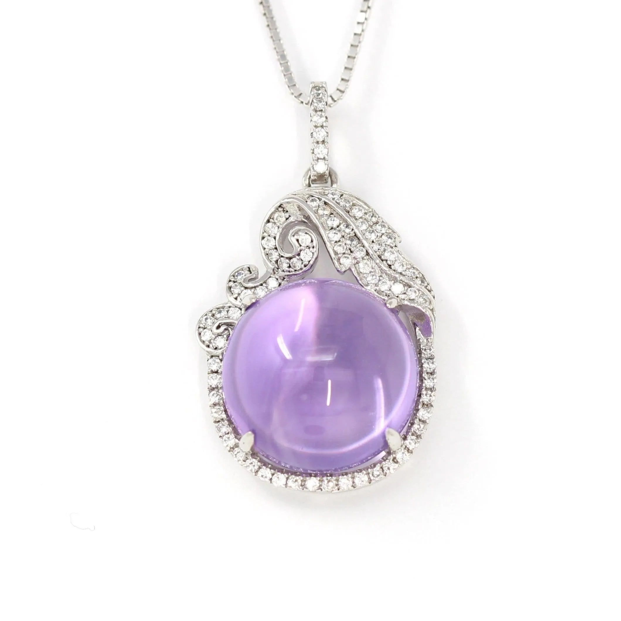 Sterling Silver Natural Cabochon Amethyst Necklace With CZ