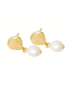 Summer Seashell Pearl Earrings, 18k Gold Plated .925 Sterling Silver Freshwater Pearl Post Statement Earrings