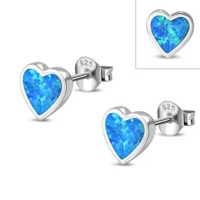 Synthetic Blue Opal Heart Stud Silver Earrings