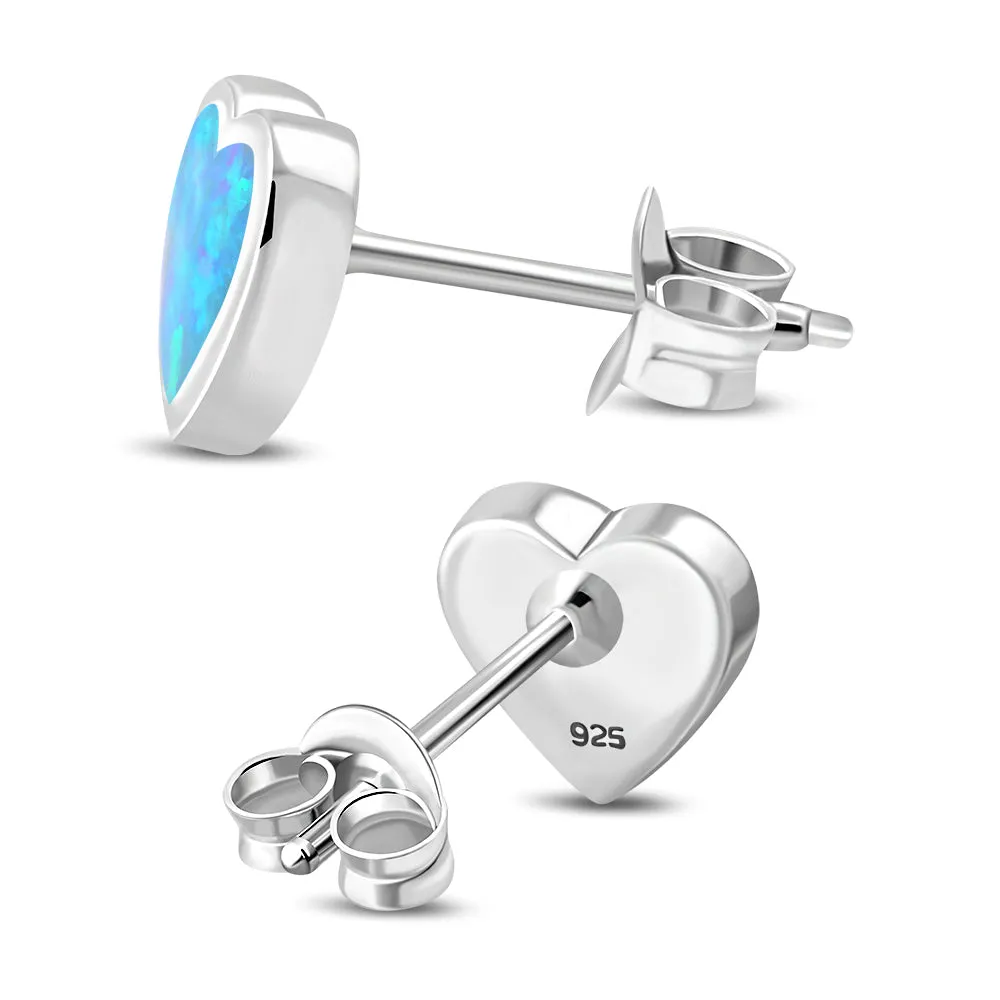 Synthetic Blue Opal Heart Stud Silver Earrings