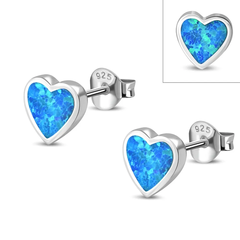 Synthetic Blue Opal Heart Stud Silver Earrings