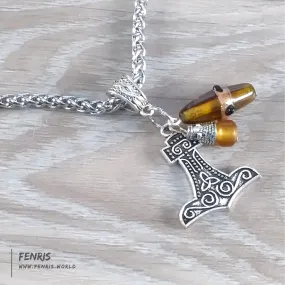 Thor's Hammer Necklace Silver Amber Norse Viking Style