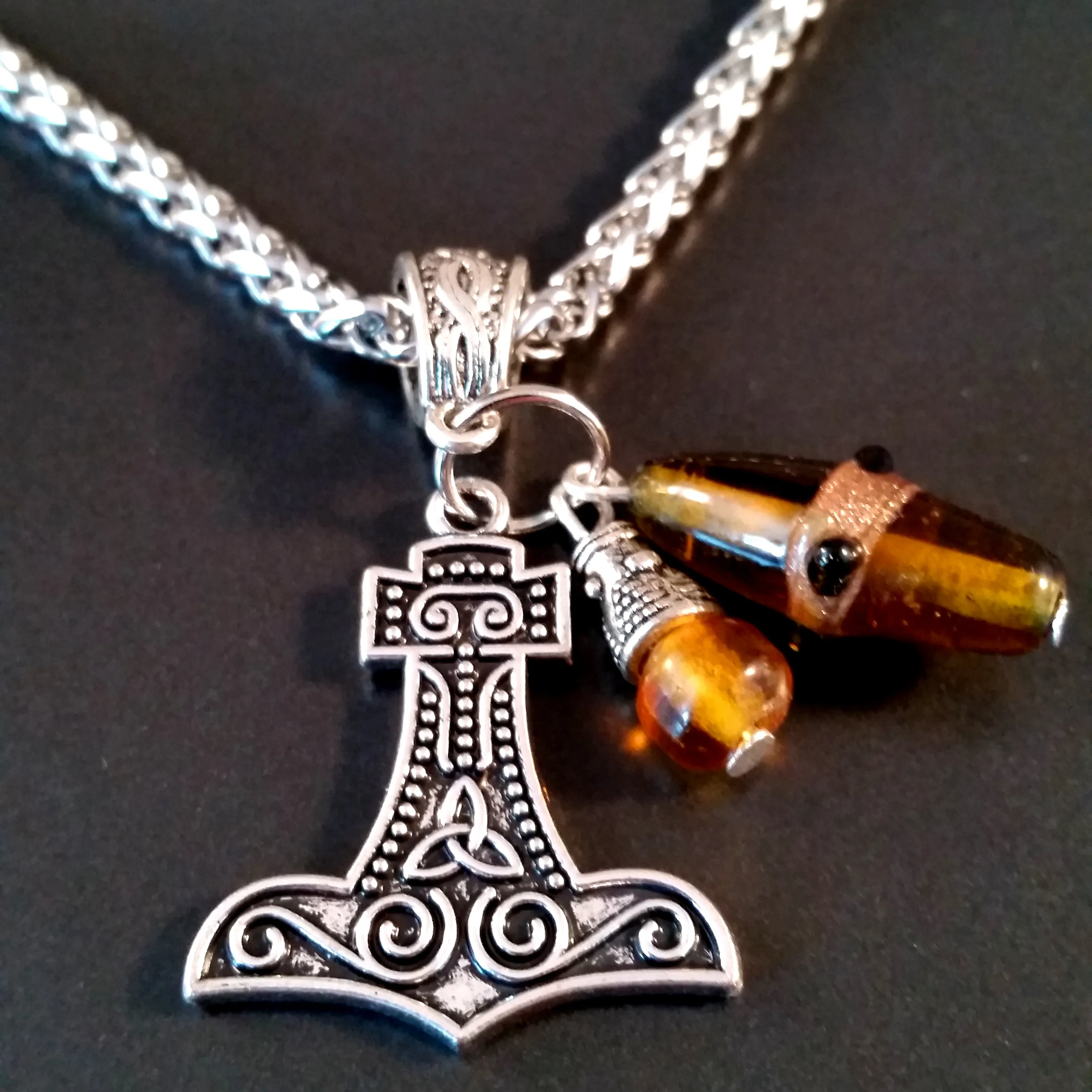 Thor's Hammer Necklace Silver Amber Norse Viking Style