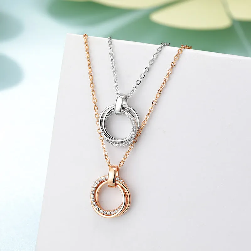 Three-ring with Zircon Interlocking Pendant Silver Necklace for Women