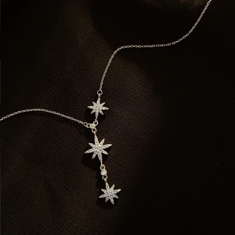 Three Zircon Star Silver Necklace for Women