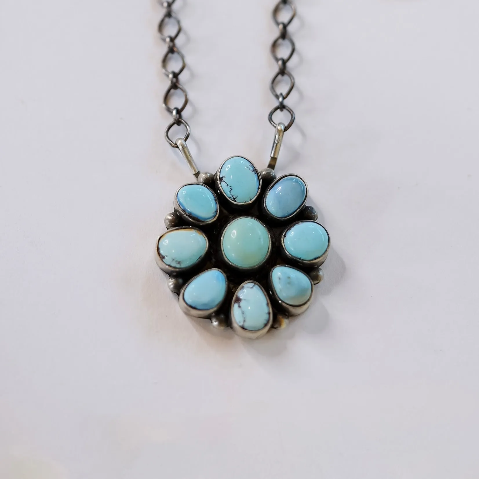 Timothy Yazzie | Navajo Handmade Sterling Silver Stone Cluster Pendant Necklace in Golden Hills Turquoise