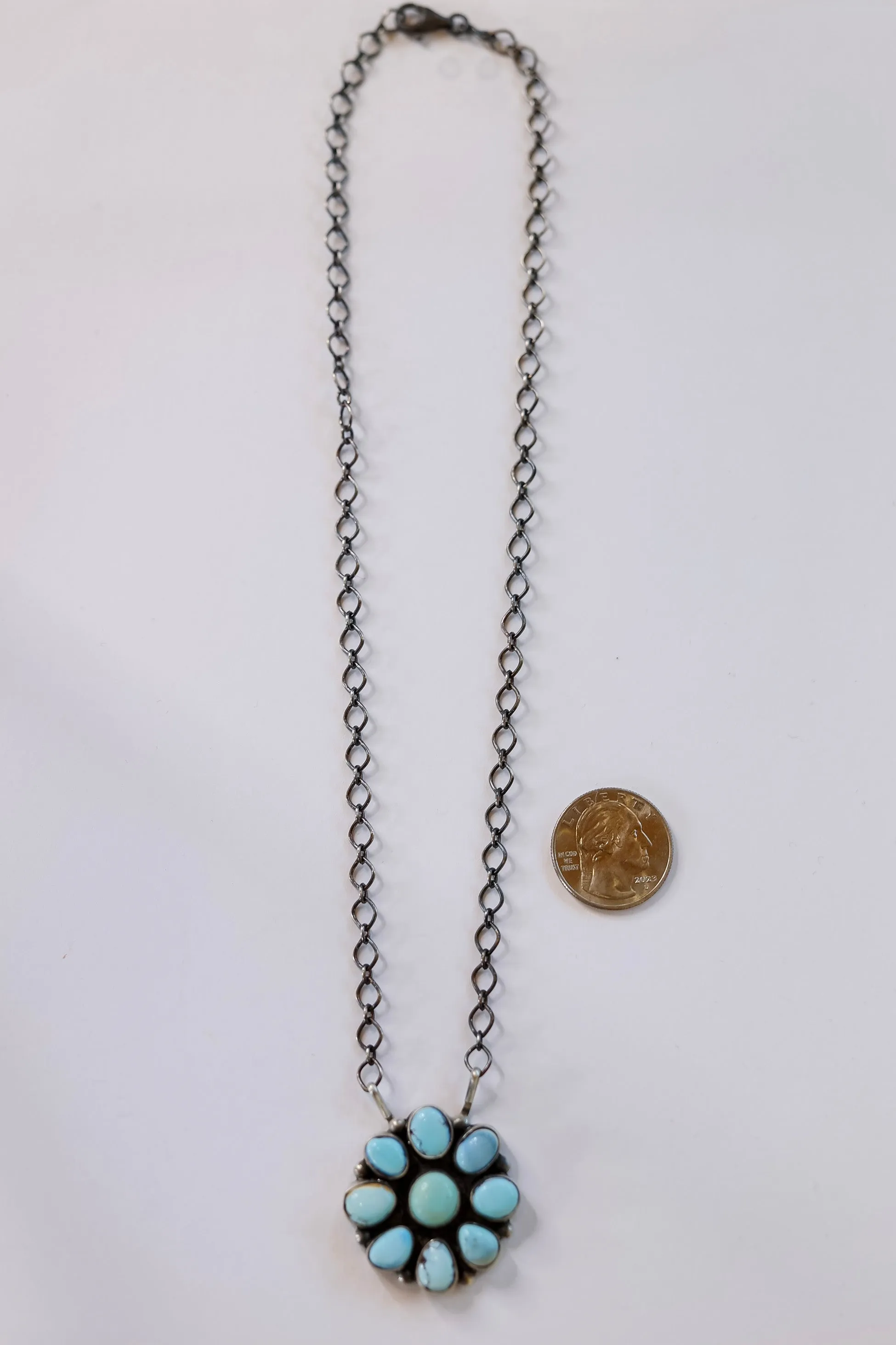 Timothy Yazzie | Navajo Handmade Sterling Silver Stone Cluster Pendant Necklace in Golden Hills Turquoise