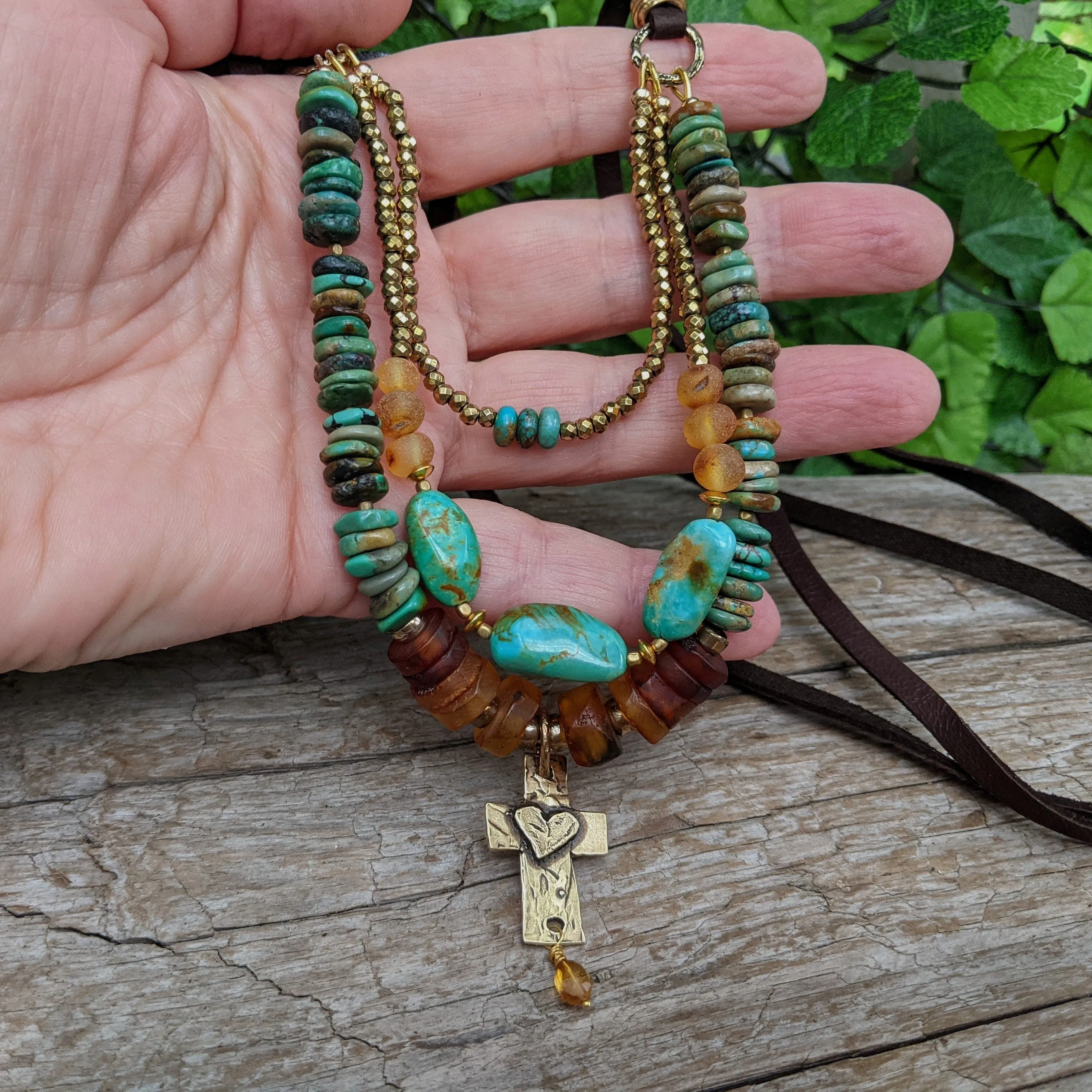 Turquoise & Baltic Amber Multi-Strand Boho Leather Necklace