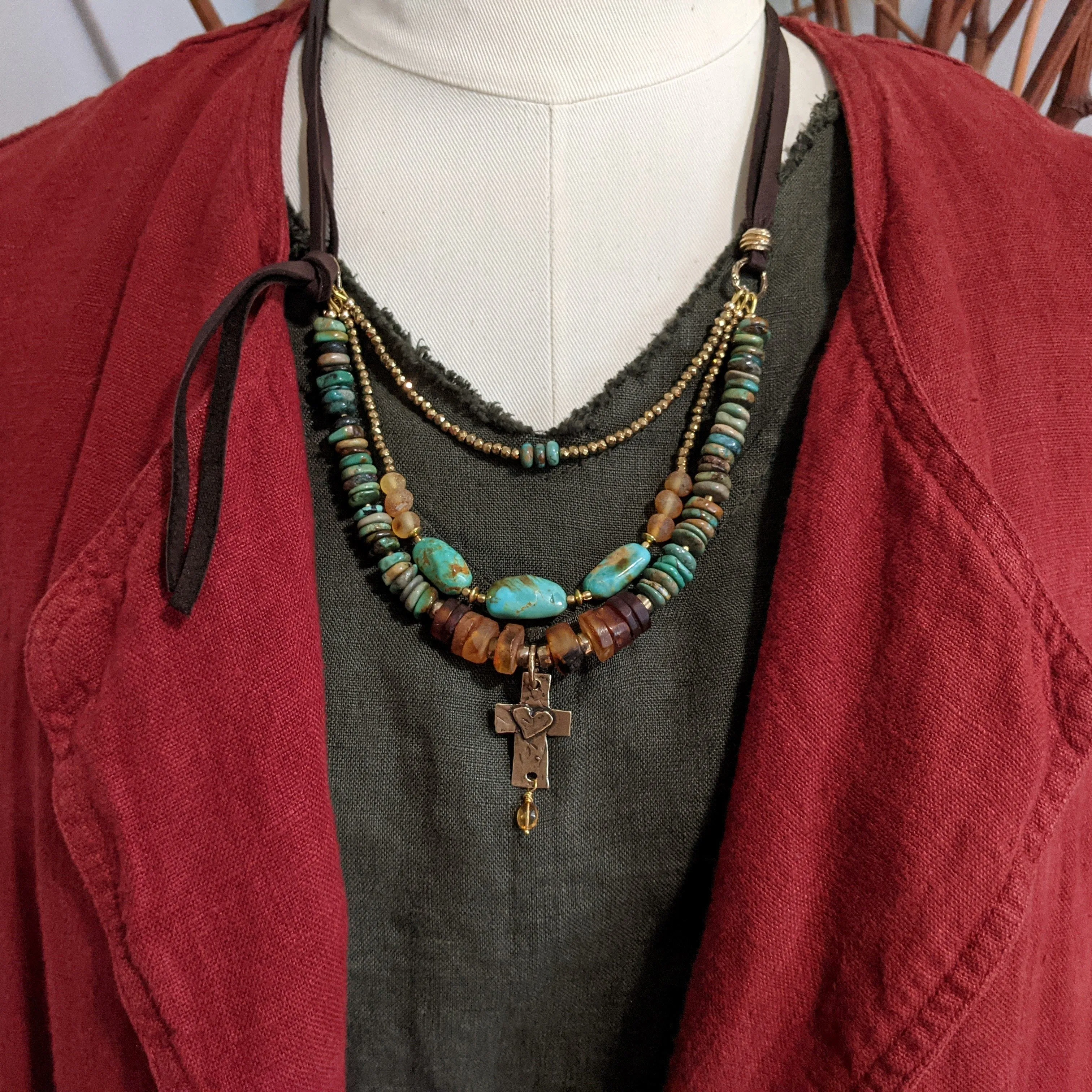 Turquoise & Baltic Amber Multi-Strand Boho Leather Necklace