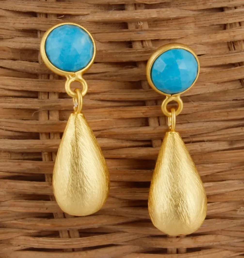 Turquoise Gemstones and 22k Brushed Gold Vermeil Teardrop Dangle Earrings 1.5”