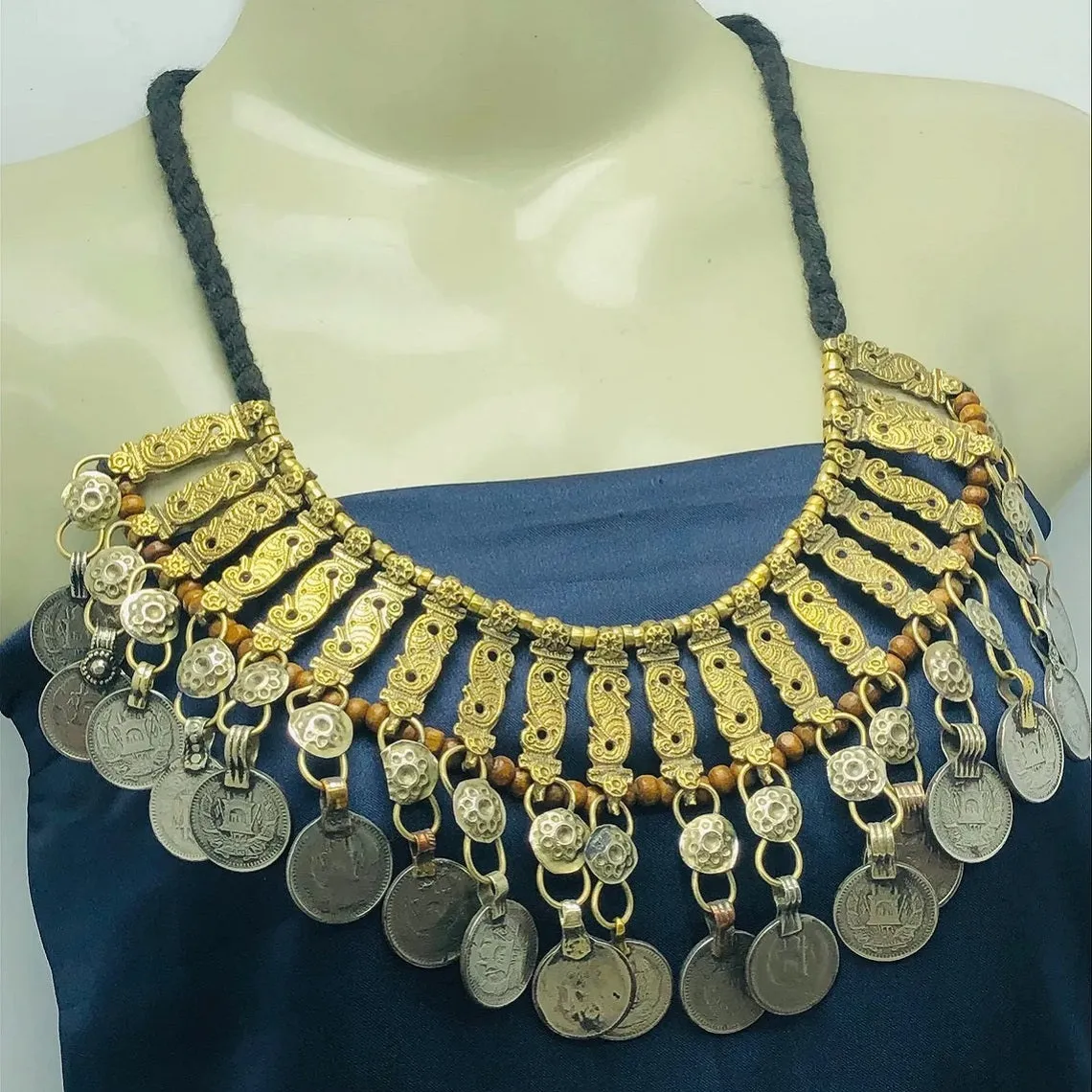 Vintage Coins Choker Necklace With Beaded Multilayers Chains