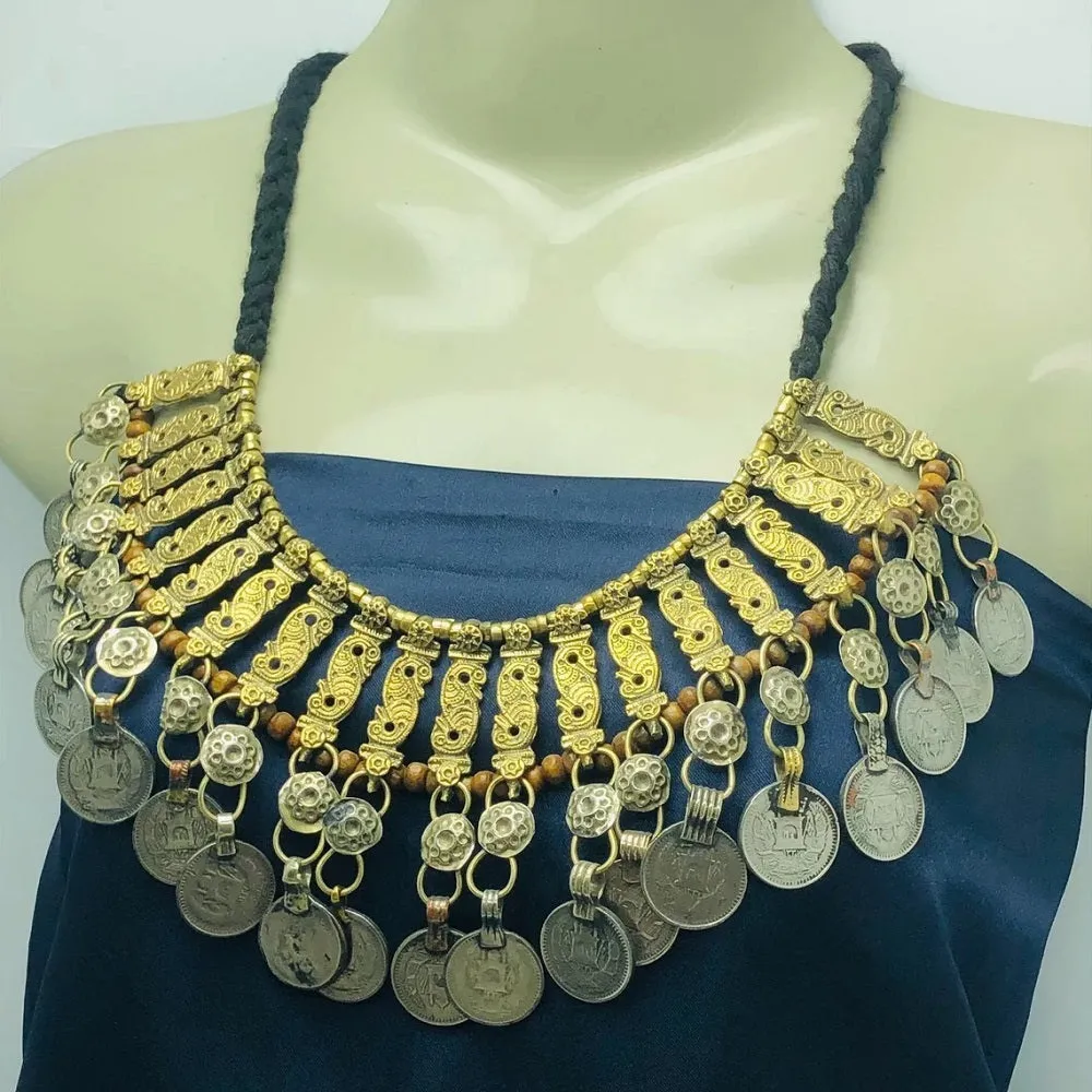 Vintage Coins Choker Necklace With Beaded Multilayers Chains