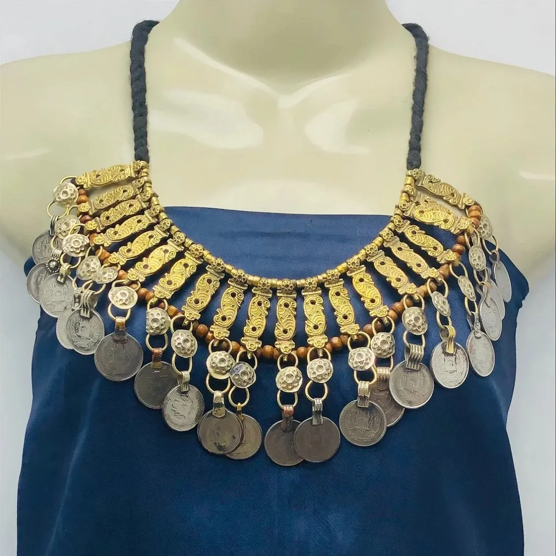 Vintage Coins Choker Necklace With Beaded Multilayers Chains