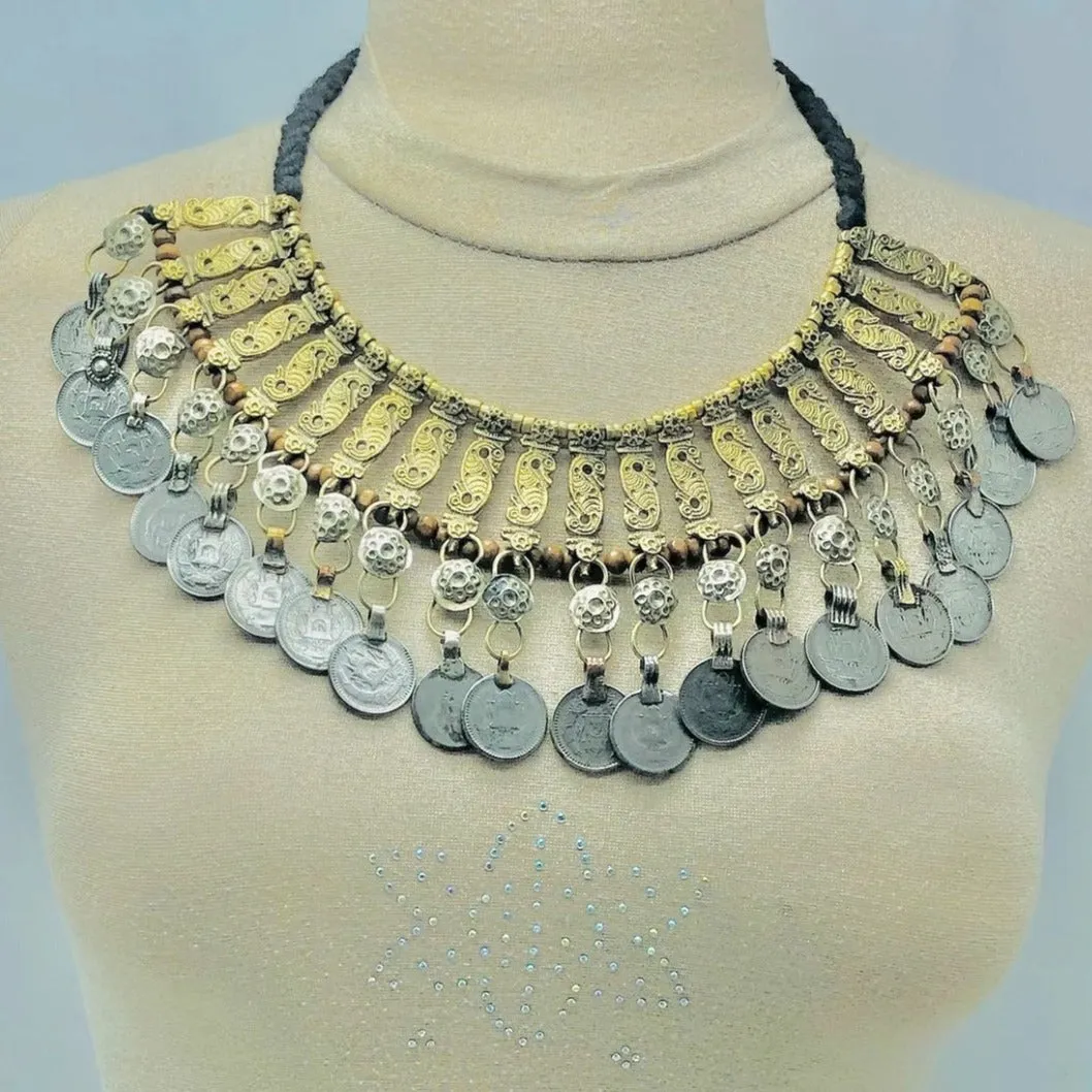 Vintage Coins Choker Necklace With Beaded Multilayers Chains