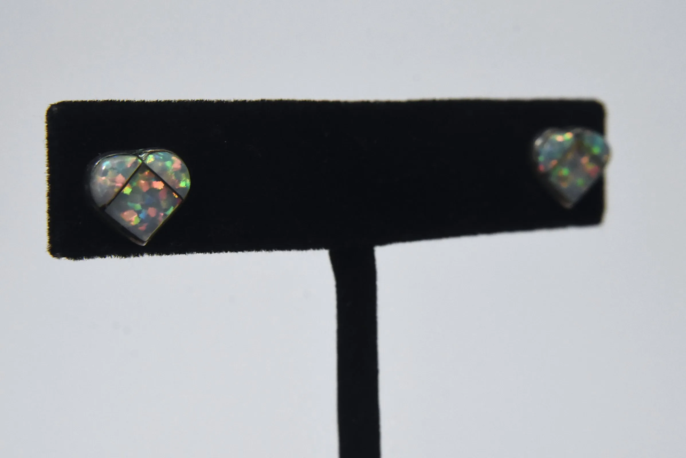 Vintage Pair of Sterling Silver White Opal Inlaid Heart Stud Earrings