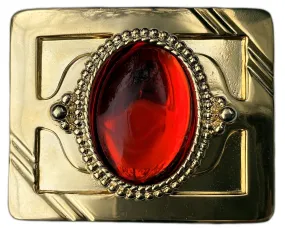 Western Belt Buckle with Gold Red Stone Cabochon