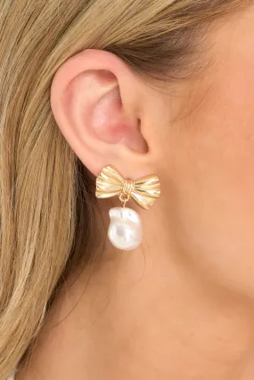 What To Say Gold Bow Pearl Drop Earrings