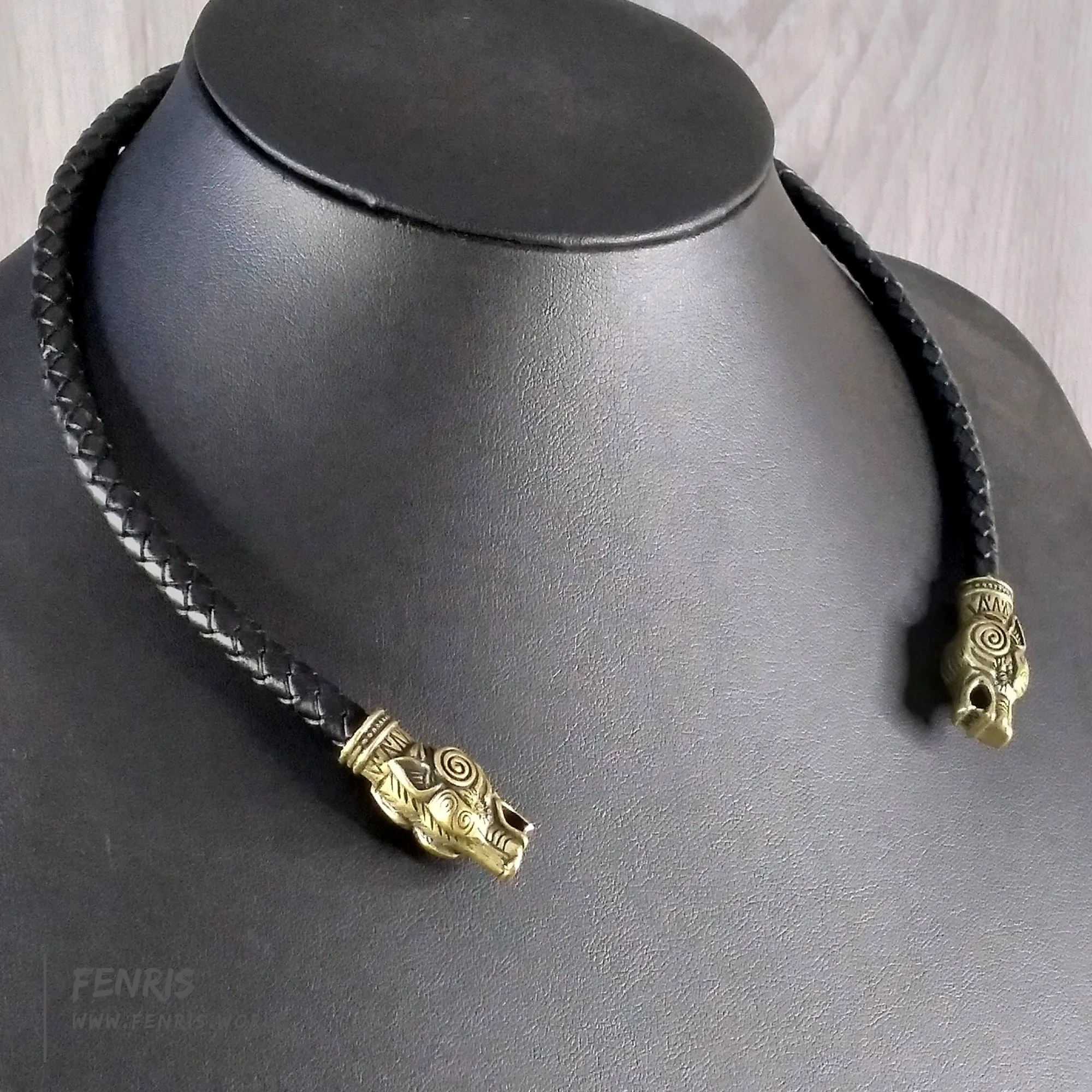 Wolf Torc Necklace Bronze Black Leather Norse Viking Style