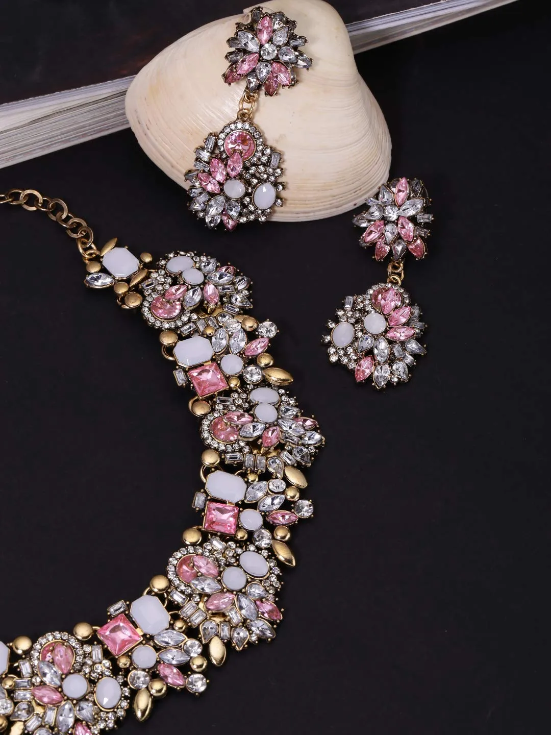 Yellow Chimes Exclusive Sparkling Pink Crystals Studded Designer Choker Necklace set with Earrings for Women and Girls (Pink)