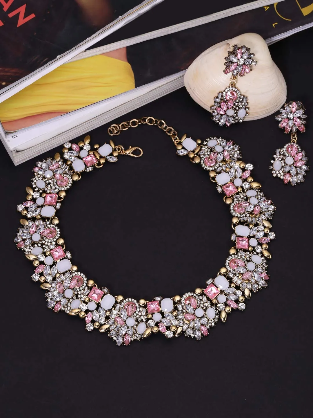 Yellow Chimes Exclusive Sparkling Pink Crystals Studded Designer Choker Necklace set with Earrings for Women and Girls (Pink)