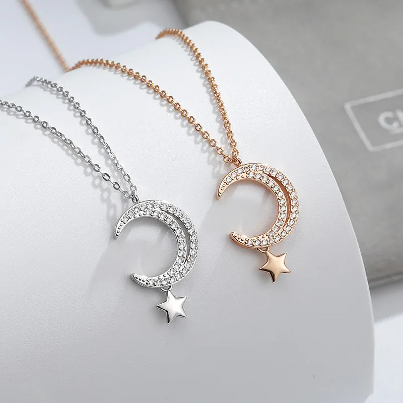 Zircon Hollow Moon with Star Pendant Silver Necklace for Women