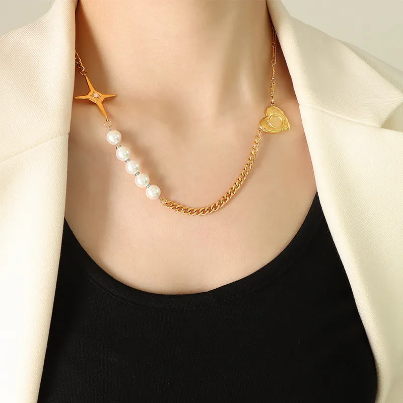 Zircon North Star Heart Stitching Pearl Necklace