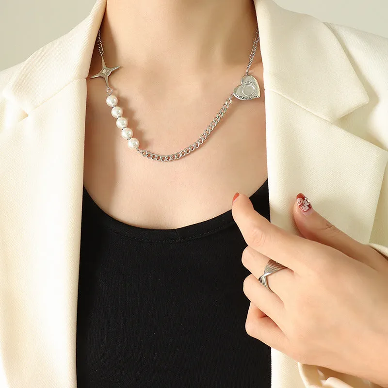 Zircon North Star Heart Stitching Pearl Necklace