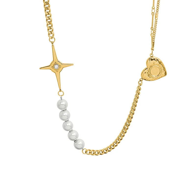 Zircon North Star Heart Stitching Pearl Necklace