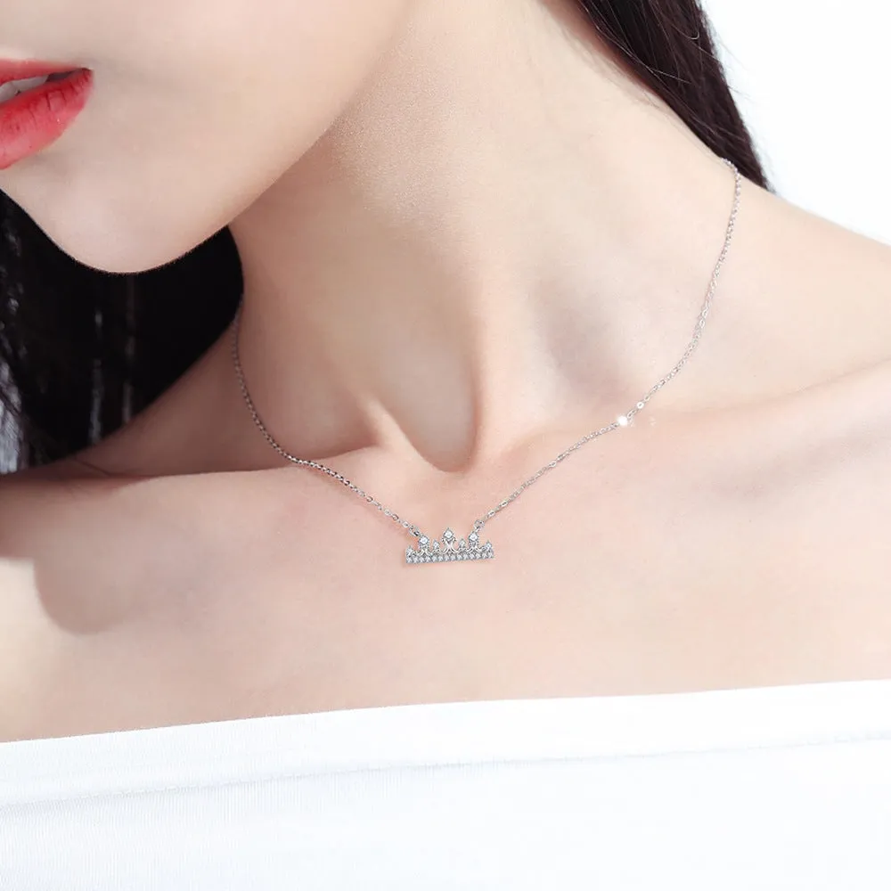 Zircon Princess Crown Pendant Silver Necklace for Women